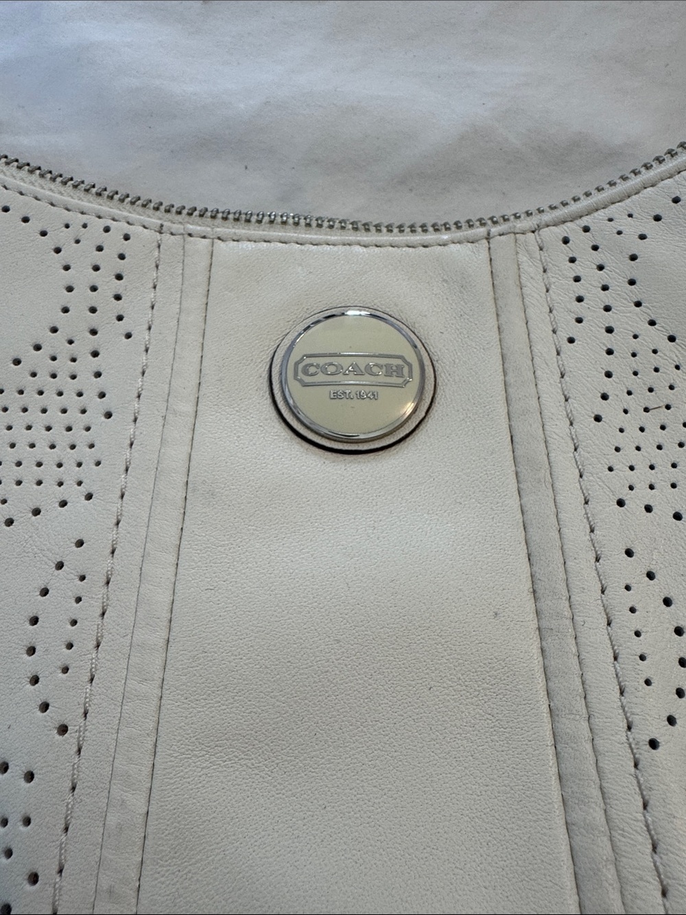Coach Ivory Perforated Leather Shoulder Bag with detachable crossbody strap